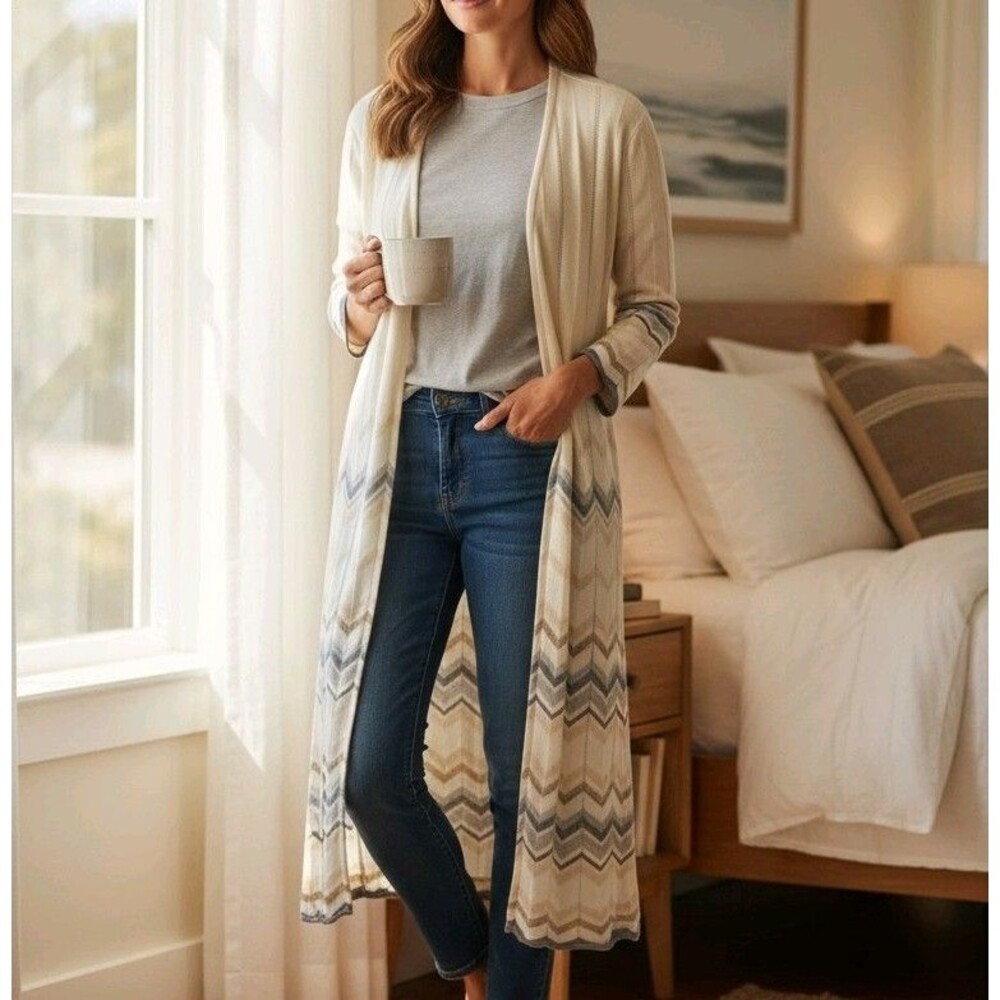 Coldwater Creek 100% Cotton Duster Womens Sz L  Neutral Long Cardigan Lagen Boho